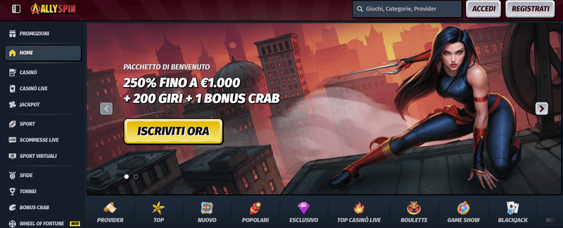 Homepage di AllySpin Casino su desktop