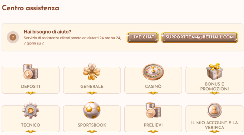 Centro assistenza e supporto clienti di BetHall Casinò
