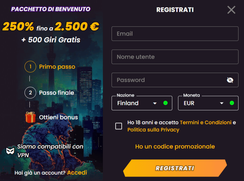 Modulo di registrazione e bonus di benvenuto Wild Tokyo Casino